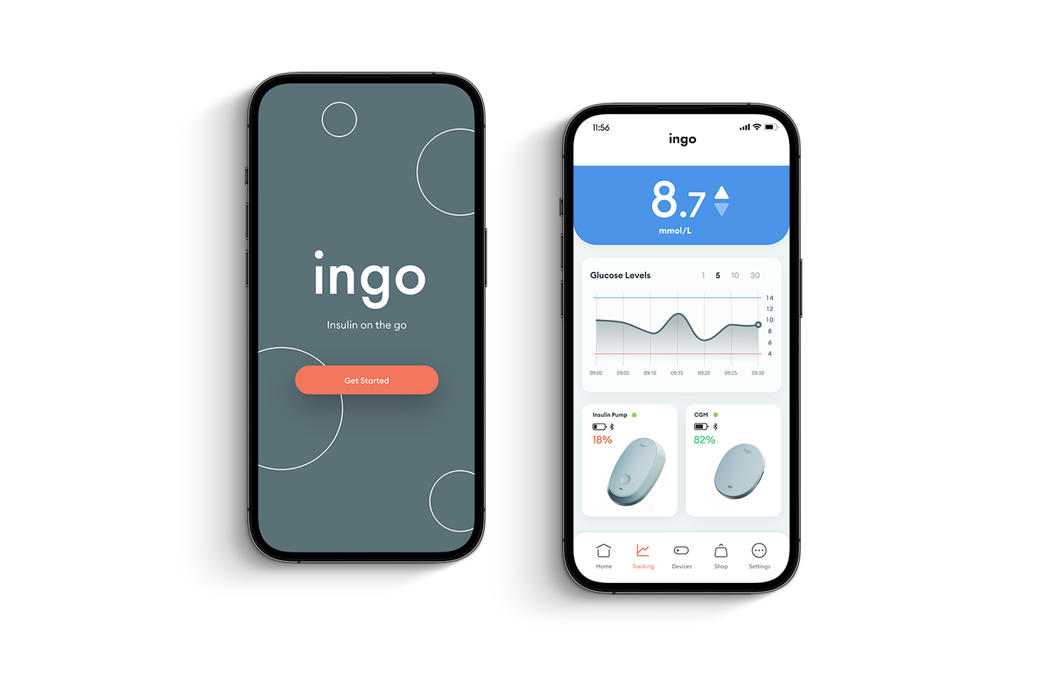 Mobile screens showing the Ingo glucose monitor application