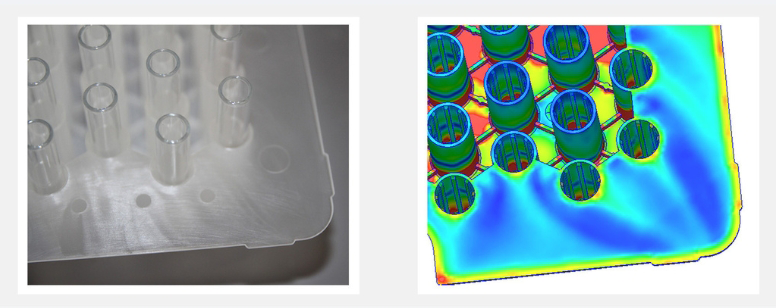 Image of a nest showing lines of flow (left) and numerical simulation (right). Areas of higher stress (darker blue) follow the pattern of flow lines.